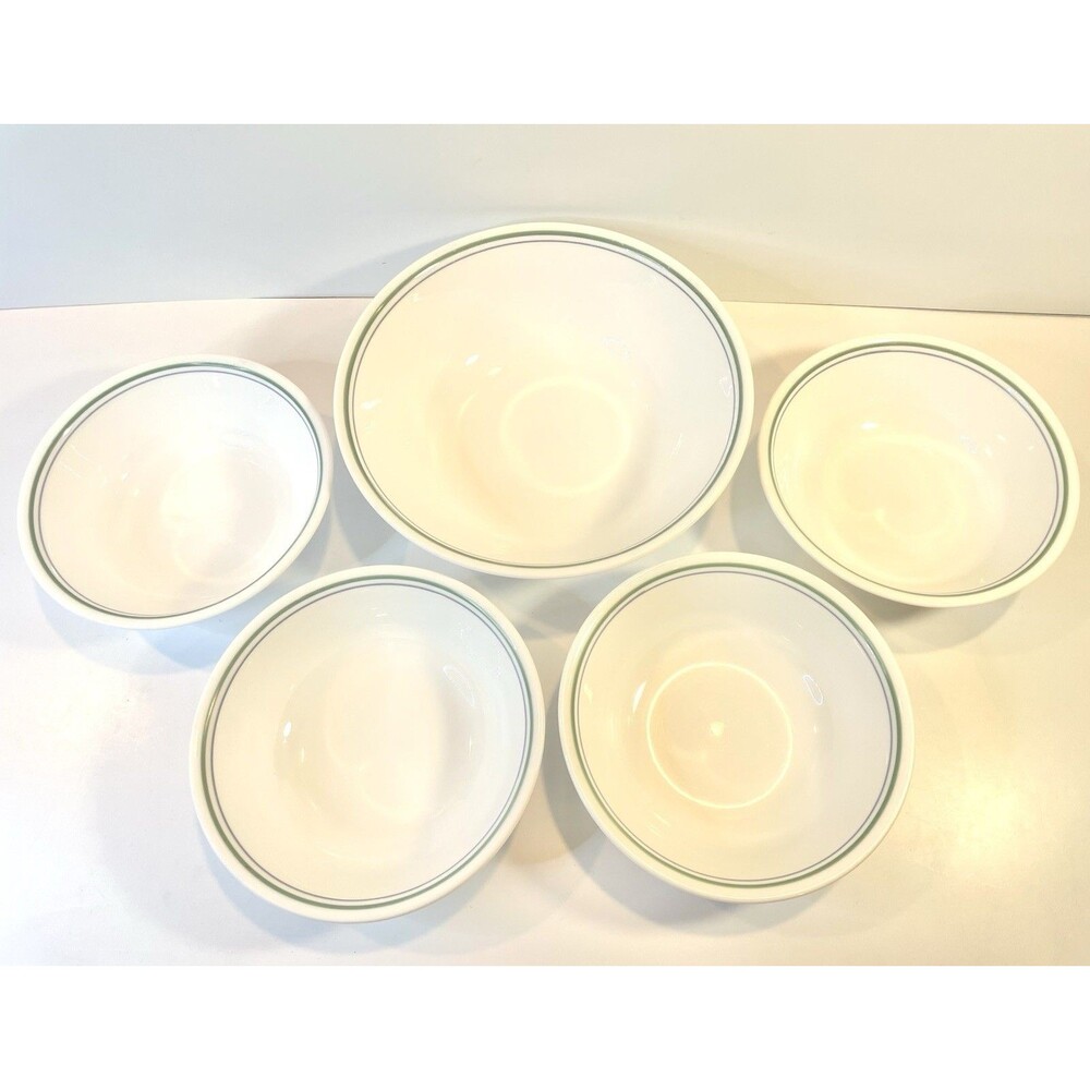 Corelle Vitrelle Cereal Soup Bowls 6 1/4" Green Blue Rim (4) + Serving Bowl